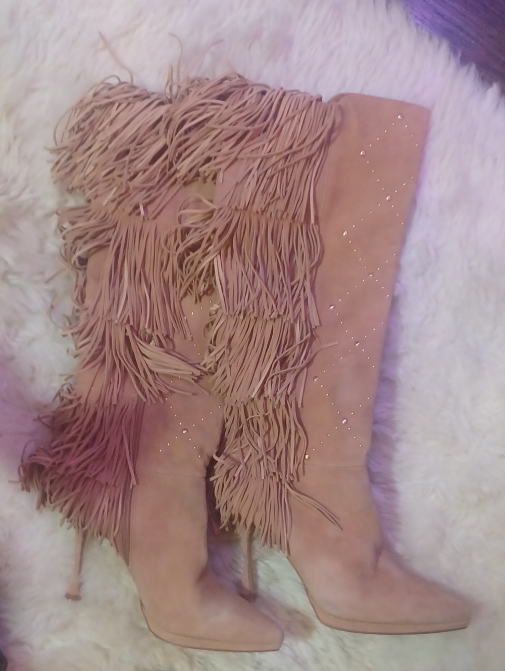 VINCE CAMUTO Fringed Knee-High Stiletto Boots in Peachy Tan 9 - Picture 1 of 9